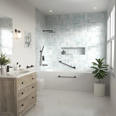 Built Tough Shower Safety Bar For Seniors And Disabled Users, Rock Solid Wall Mounted Bathroom Grab Handle With Grippy Nonslip Coating, Carries Up To 500 Lbs For Steady Support in modern bathroom setting.