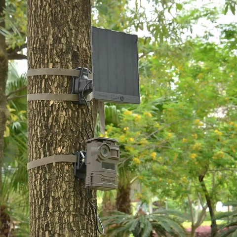 Trail Camera Mounting Bracket With One Quarter Twenty Threaded Insert 360 Degree Rotating Adjustable Holder installed on tree