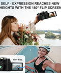 Person using 6K 64MP Digital Camera With Flip Screen And Dual Lens For Photography, capturing a selfie with extended screen and cyclist view.