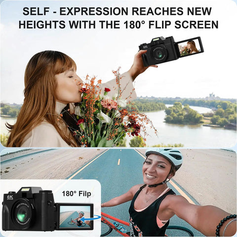 Person using 6K 64MP Digital Camera With Flip Screen And Dual Lens For Photography, capturing a selfie with extended screen and cyclist view.