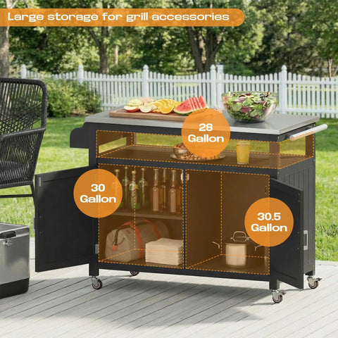 43.3-Inch Outdoor Kitchen Island With Storage Cabinet And Stainless Steel Top, showcasing interior compartments and accessories.
