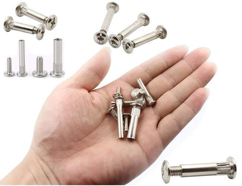 Workhorse Grade Chicago Screws And Rivet Socket Binders For Furniture Projects Nickel Plated Carbon Steel Assortment Kit in hand.