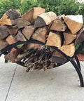 3 Foot Crescent Firewood Rack Heavy Duty Indoor Outdoor Steel Log Holder With Black Powder Coat Finish holding logs