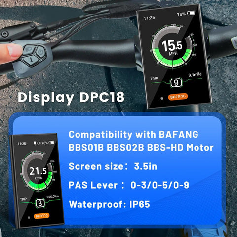 Ebike Display DPC18 mounted on handlebars with screen showing speed, compatible with BBS01B BBS02B BBSHD, 3.5in, IP65 waterproof.