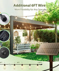 96 Ft Outdoor Solar String Lights With Remote and USB Port shown on patio with solar panel, hanging bulbs, and connectors.