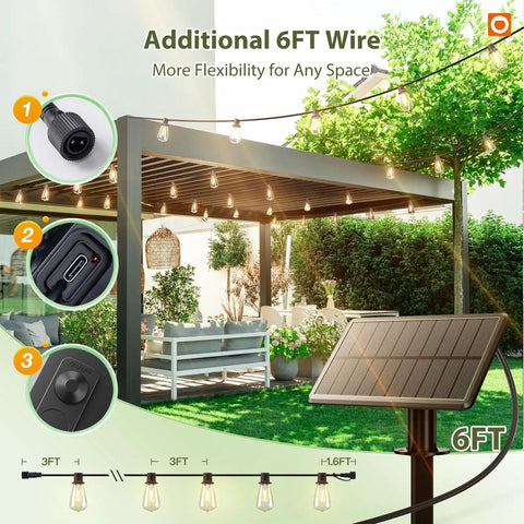 96 Ft Outdoor Solar String Lights With Remote and USB Port shown on patio with solar panel, hanging bulbs, and connectors.