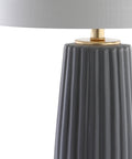 Gray 28.5 Inch Modern Ceramic Table Lamp With Fluted Base And White Linen Shade, Gold Accent, Energy Efficient LED Bulb Included