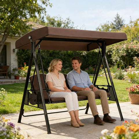 Couple sitting on patio swing under the Universal 3 Seat Patio Swing Canopy Top Replacement Cover 75-Inch By 47-Inch
