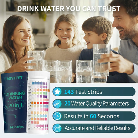 Family enjoying safe drinking water with Twenty In One Drinking Water Test Strips Fast Home Analysis For Ph Hardness Lead Iron Copper Chlorine And Bacteria.