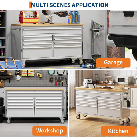 61 Inch Rolling Tool Chest Workbench With Solid Wood Top, 9 Drawer Lockable Tool Storage Cabinet On Wheels in garage, workshop, kitchen settings.