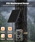 Premium 6W Trail Camera Solar Panel And Portable Battery Charger Kit featuring stable 6V 9V and 12V DC output mounted on a tree in rain.