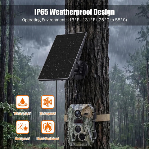 Premium 6W Trail Camera Solar Panel And Portable Battery Charger Kit featuring stable 6V 9V and 12V DC output mounted on a tree in rain.