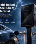 Beast Mode Weatherproof Ev Charger Enclosure With Premium Heavy Duty Pedestal Stand and Secure Combo Lock for Built Different Home or Commercial Charging Installation, cold-rolled steel box in rain.