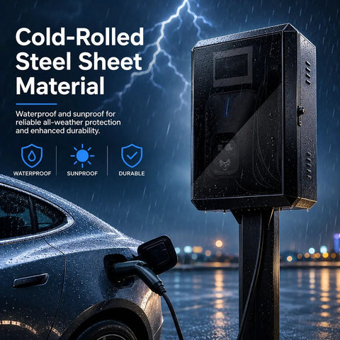 Beast Mode Weatherproof Ev Charger Enclosure With Premium Heavy Duty Pedestal Stand and Secure Combo Lock for Built Different Home or Commercial Charging Installation, cold-rolled steel box in rain.