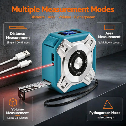 Hella Reliable Zero Hassle Two In One Laser Tape Measure With 131 Foot Laser Distance Meter and 16 Foot Retractable Steel Measuring Tape USB C Rechargeable showing multiple measurement modes.