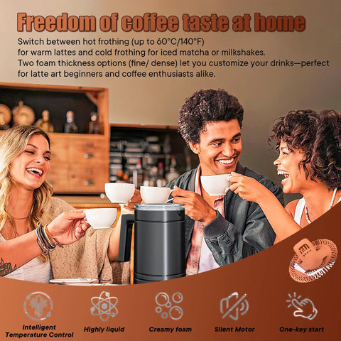 Group enjoying coffee with 4 In 1 Milk Frother And Steamer For Home Baristas With Hot And Cold Froth Milk Warming And Chocolate Milk