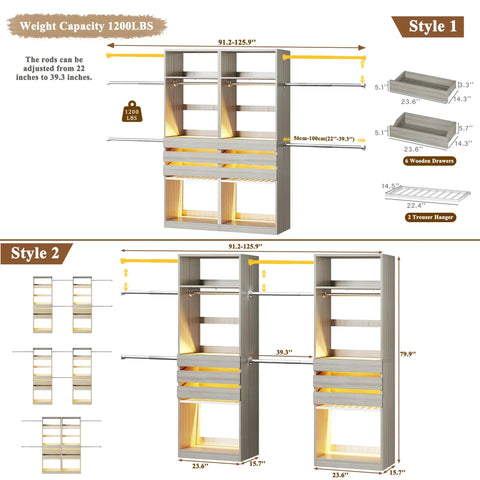 Real Game Changing Modular Closet System Set Of Two Expands From Six To Ten Feet Wide With Six Wooden Drawers and LED shelves.
