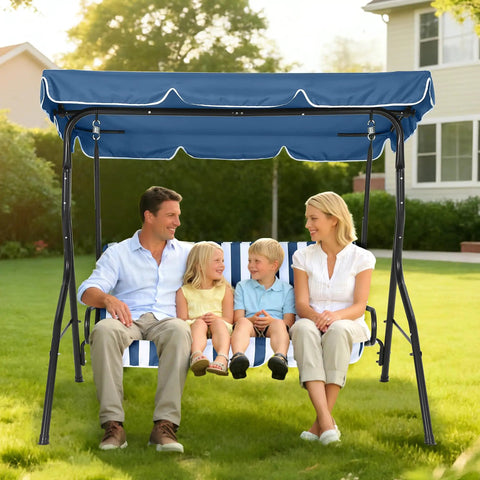 Family sitting on Adjustable Canopy Three Seat Patio Swing For Adults With Heavy Duty Steel Frame And 600 Lb Capacity Outdoor Garden Swing Chair For Backyard Striped Blue Comfort And Easy Shade Adjustment