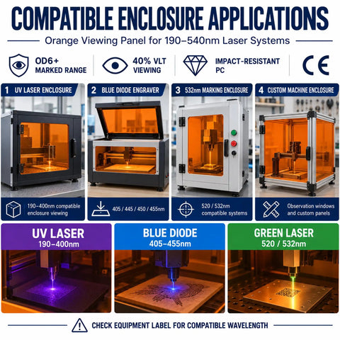 Straight Up Heavy Duty Laser Safety Window Orange Polycarbonate Sheet For 190 To 540 Nm OD6 Plus 40 Percent VLT Engraver Cutter Guard with multiple laser enclosure applications.