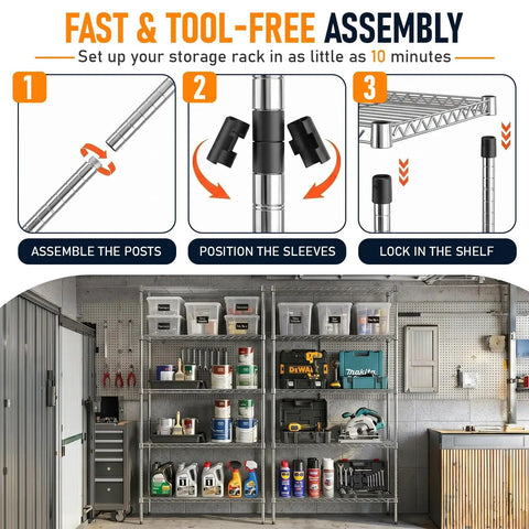 Fast and tool-free assembly guide for Solid As A Rock Five Tier Wire Shelving In Chrome Finish Hella Roomy Storage Rack.