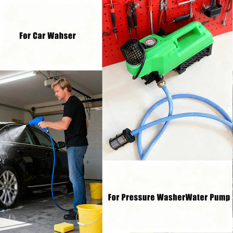 Man using pressure washer with 5 Pack Stainless Steel Hose Filter, suitable for car wash and water pump applications.