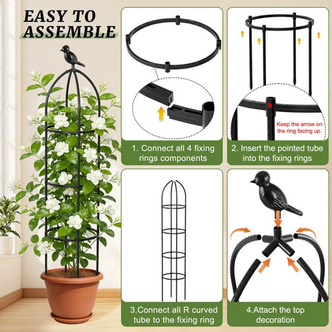 Step-by-step assembly of Obelisk Garden Trellis For Climbing Plants 6 Ft Rustproof Plastic Coated Metal Vine Support Cage For Pots