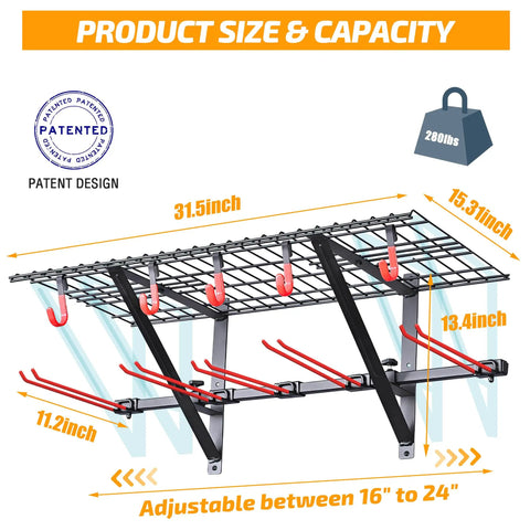 Dual Pack Wall Mounted Ski And Snowboard Storage Rack Heavy Duty Duo Set showing size dimensions and capacity of 280 lbs.