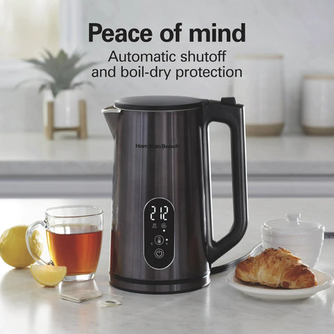 Digital Temperature Control Electric Tea Kettle 1.7L Fast Boil 1500W With 5 Presets Keep Warm BPA Free Double Wall Stainless Steel Cordless Black on counter.