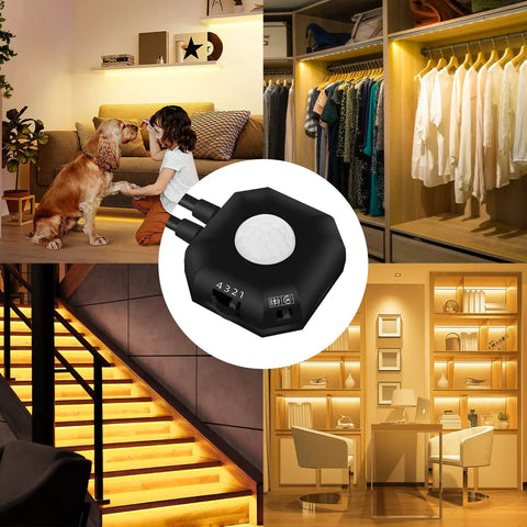 Motion Sensor LED Light Strip Kit, 2 Pack 9.8 Ft, USB powered indoor lights in various home settings, warm white lighting highlights.