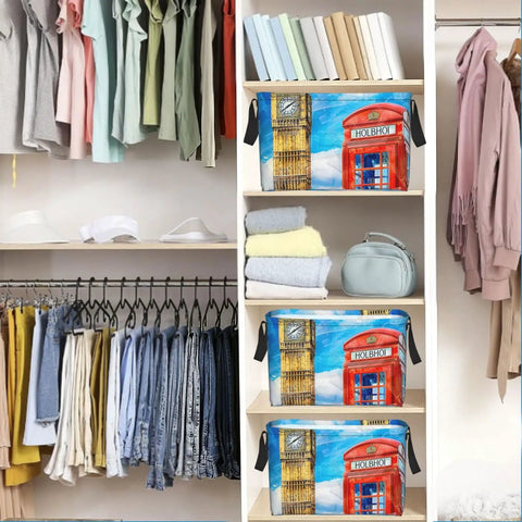 Hella Roomy Watercolor Storage Basket, Durable Foldable Organizer For Closet And Shelf, neatly holding towels and clothes.