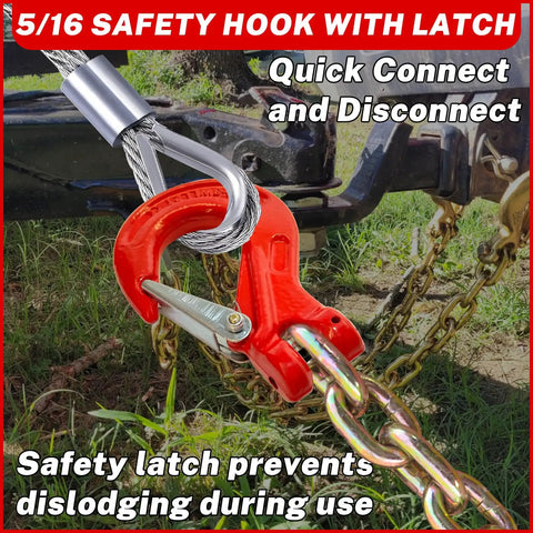 Image of red 2 Pack G80 Clevis Slip Hooks 5 16 Inch Heavy Duty Chain Hooks Forged Tow Trailer Safety Hooks with 4400 lbs limit in use.
