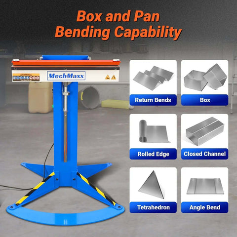 24 Inch Industrial Magnetic Pan And Box Heavy Duty Sheet Metal Brake Workhorse displaying bending capabilities for various shapes