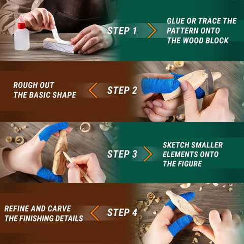 Beginner Friendly Whittling Kit With Wood Carving Tools And Wood Blocks, showing step-by-step wood carving process.