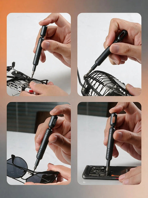 Knockout Precision Screwdriver Set Features Fifty Five Mini Bits Including Phillips Torx And Pentalobe For Phones Laptops Controllers Drones Eyewear And Electronics Plus A Slick Pocket Ready Storage Case You Can Easily Toss In Any Bag, showing usage on sunglasses and gadgets.