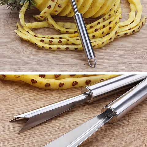 Multipurpose Pineapple Eye Remover Tool With V Shape Stainless Steel Clip for cutting pineapple eyes and fruit blemishes displayed on wood