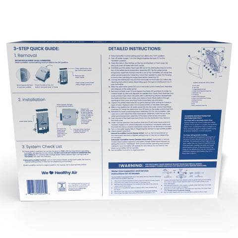 Back of packaging for Model 45 Water Panel Humidifier Filter Replacement for Whole House Humidifier Models 400 400A 400M Pack of 2