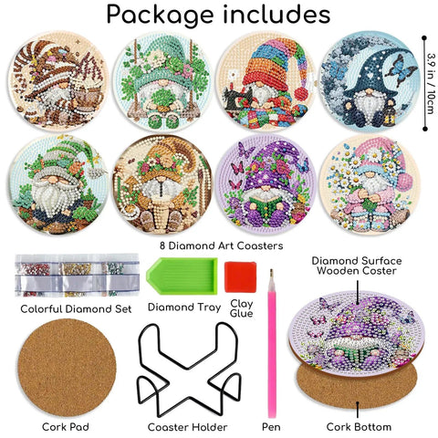 Awesome Gnome Diamond Art Coaster Kit With Holder And Cork Bases For Adults And Beginners DIY Craft Set 8 Piece Coasters