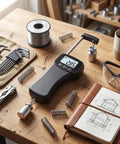 Precision Digital Force Gauge Push Pull Tester 11 Pound Capacity With Crisp Backlit Display on a wooden workbench with tools.