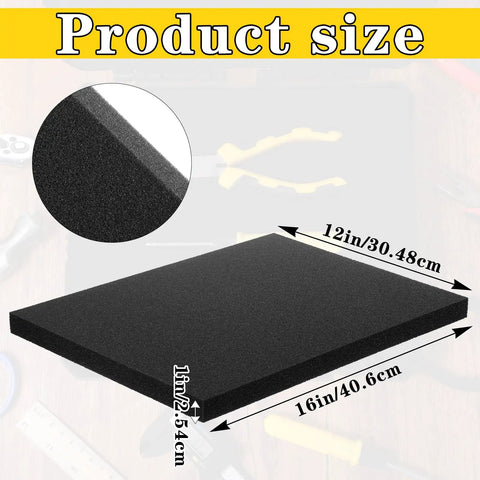Eight Piece Polyurethane Foam Sheets 16 By 12 By 1 Inch Cuttable Foam Inserts, black padding with size markings.