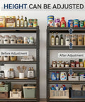 Hella Tough 5 Tier Metal Storage Rack With Fully Adjustable Shelves And 2000 Pound Capacity shown organized with various pantry items and kitchen tools.