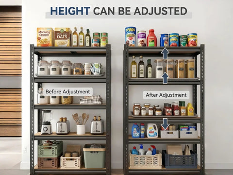 Hella Tough 5 Tier Metal Storage Rack With Fully Adjustable Shelves And 2000 Pound Capacity shown organized with various pantry items and kitchen tools.