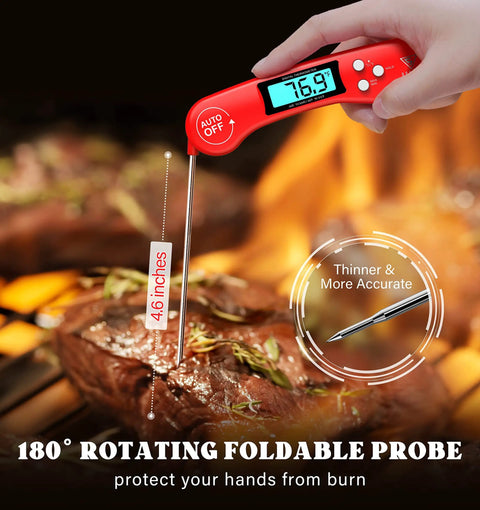 Instant Read Digital Meat Thermometer With Backlit Auto Rotating Display, 4.6 Inch Probe grilling steak on barbecue
