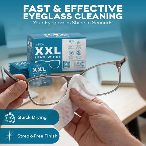 Person cleaning glasses with Big Lens Wipes 50 Count For Glasses, Watches, Screens And More Clean Smudge Free With Quick Dry Isopropyl Alcohol Streak Free Shine Wipes 9.8 By 6.7 Inch For Lenses And Displays