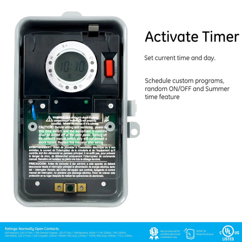 Heavy Duty Digital Pool Timer Switch interior view showing digital display, controls for custom programming, weatherproof housing.