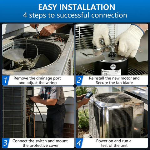Easy installation steps for Premium Condenser Fan Motor 1/3 HP 1075 RPM 208 230V AC Replacement Component with tools.