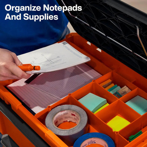 Organizer tray with compartments holding notepads, sticky notes, and tape, emphasizing practicality for MODbox Tray Work Top Grab And Go Portable Work Surface For Multi Use Workbench Stainless Steel Modular Work Surface With Multi Position Angled Easel And Quick Access Tray For Small Parts Fits MODbox System.