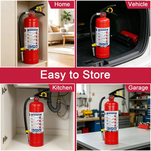 5 Lb ABC Dry Chemical Fire Extinguisher With Quick Release Handle Rated 2A 10B C stored in home, vehicle, kitchen, and garage.