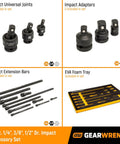 Seventeen Piece Impact Drive Tool Accessories Set For One Quarter Inch Three Eighths Inch And One Half Inch Drives With EVA Foam Tray