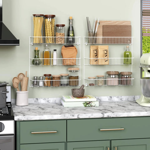 Top Notch 3 Tier Wall Mounted Spice Rack Set Of 2 For Pantry Organization, white finish shelf with spices and jars.