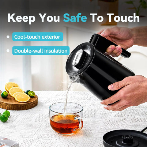 850Ml Small Electric Kettle With Temperature Control Your Quick Heat Buddy 800W Fast Boil Double Wall 304 Stainless Steel Five Temperature Presets Auto Shut Off Safe For Tea And Coffee Compact Kitchen Office Dorm Black pouring into cup